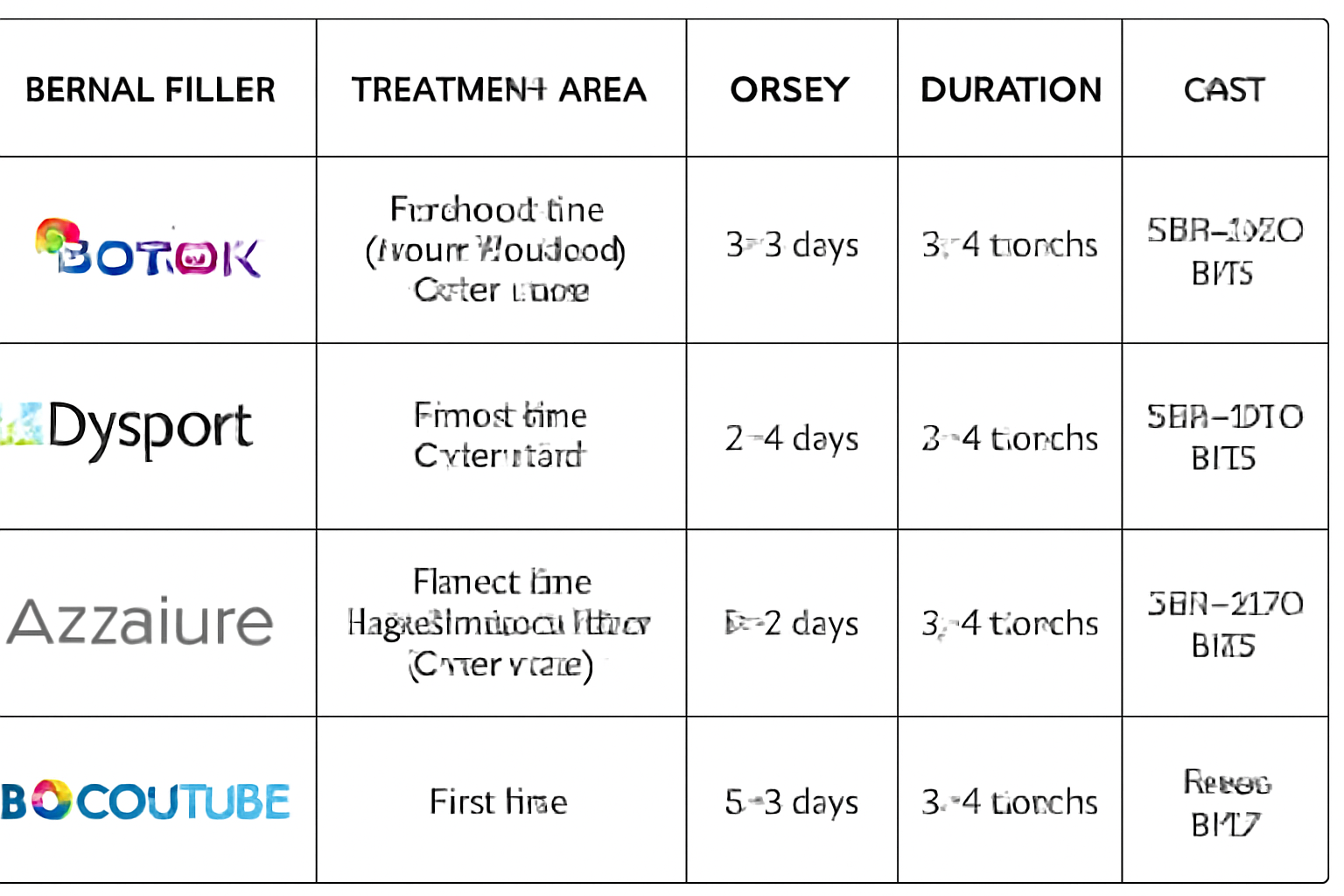  Comparison chart of different dermal fillers