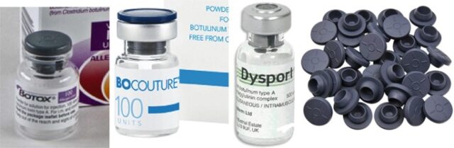 Grid layout of sealed Botox, Dysport, and Bocouture vials on a white clinical background, each with visible pricing tags.
